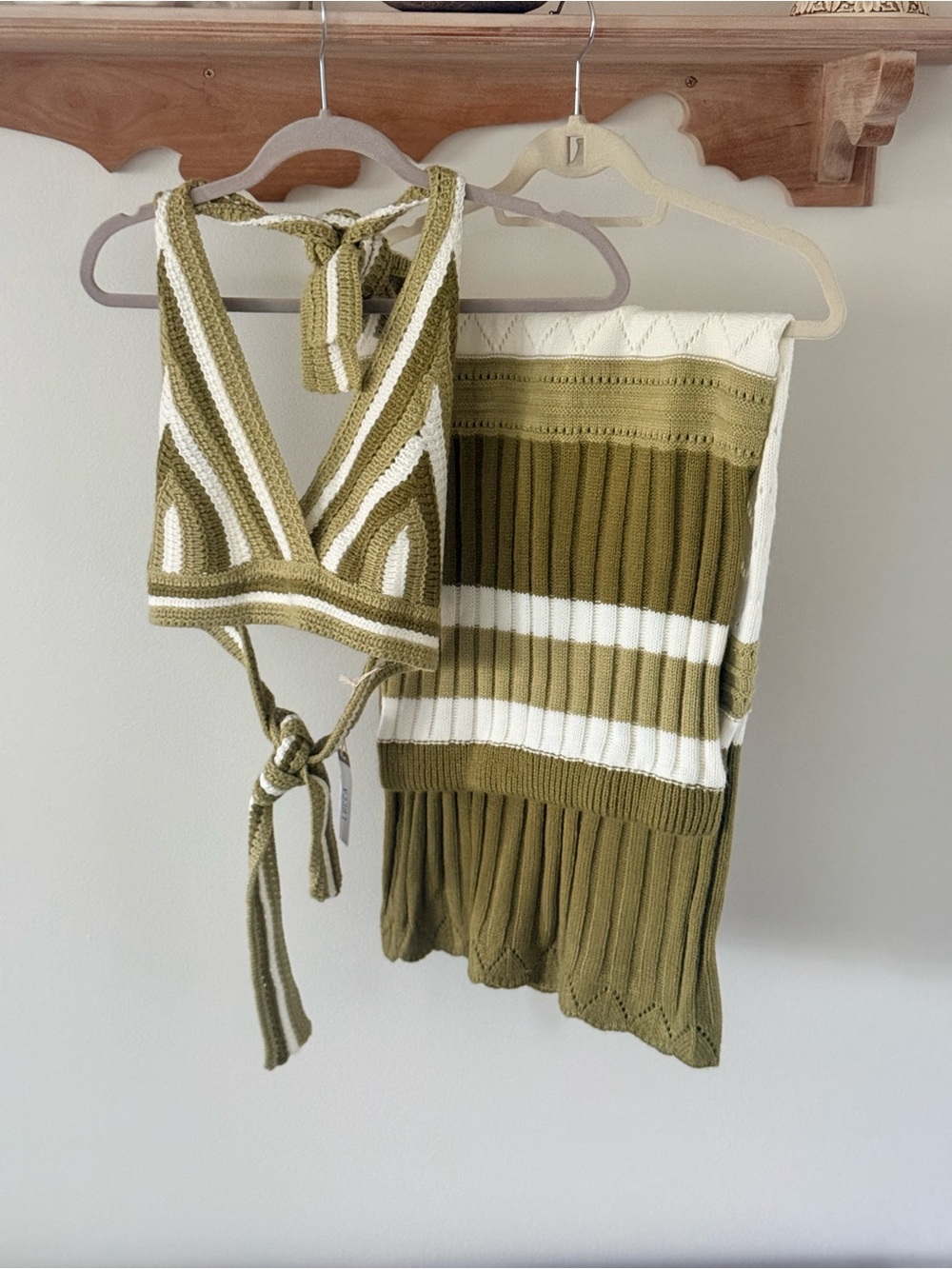 Olive and White Crochet Halter Bralette - Two-Piece Knit Set